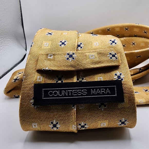 COUNTESS MARA Men's 100% Silk Necktie Designer Geometric Gold/Silver/Blue VGUC - Picture 2 of 6
